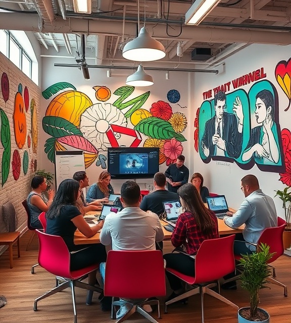 innovative media channels, creative, brainstorming, photorealistic, collaborative co-working space with bright murals, highly detailed, with creative tools, DSLR quality, vivid palette, indoor lighting, shot with a wide-angle lens.