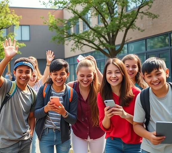 youthful social media channels, playful, engaging in a challenge, photorealistic, schoolyard with enthusiastic teenagers, highly detailed, with interactive apps, 4k HD, lively colors, outdoor lighting, shot with a mobile lens.