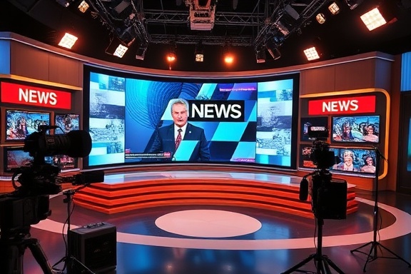 traditional broadcast channels, authoritative, delivering news, photorealistic, news studio with a large screen backdrop, highly detailed, with spotlight and sound equipment, full HD, warm lighting, shot with a zoom lens.