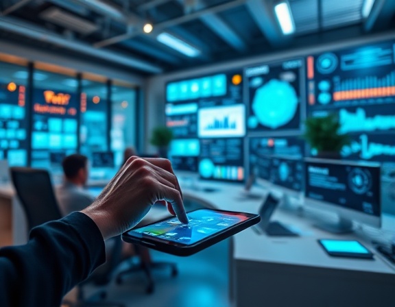 interactive digital channels, engaging, clicking a device, photorealistic, tech-savvy office space with digital interfaces, highly detailed, with holographic displays, ultra HD quality, rich colors, ambient lighting, shot with a macro lens.