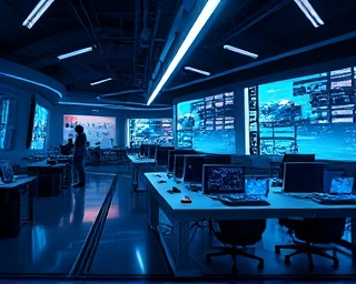 high-tech online channels, innovative, designing, photorealistic, futuristic workplace with smart technology, highly detailed, with AI interfaces, UHD resolution, sleek colors, ambient lighting, shot with a portrait lens.