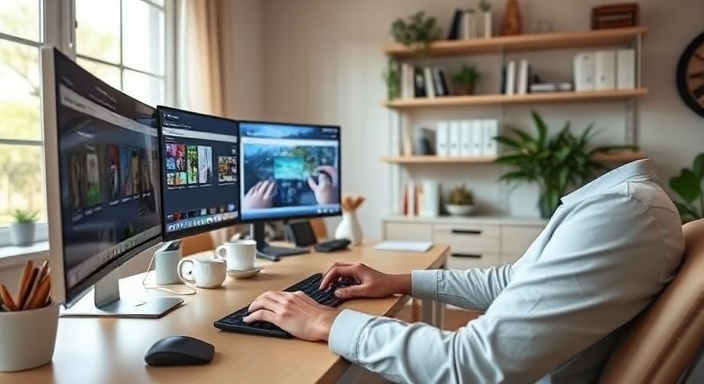 cutting-edge online channels, focused, typing, photorealistic, cozy home office with modern decor, highly detailed, with multiple screens, high-definition, neutral colors, soft lighting, shot with a standard lens.