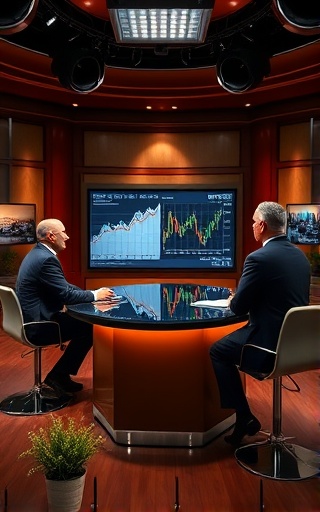 sophisticated journalism channel, credible, debating experts, photorealistic, elegant newsroom with mahogany decor, highly detailed, analytical charts on screens, fine resolution, warm tones, spotlight lighting, shot with a prime lens.