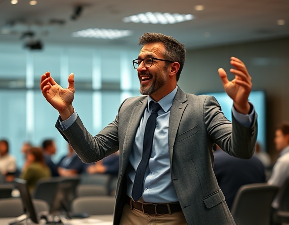 energetic content promoter, strategic and engaging, planning a campaign, photorealistic, conference room with presentation tools, highly detailed, dynamic posture, realistic depth, cool tones, artificial lighting, shot with a 24mm lens.
