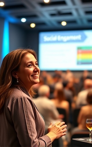 woman smiling, confident expression, explaining social engagement techniques, photorealistic, stage at a conference with an audience eagerly listening, highly detailed, presentation slides projected on large screen, high dynamic range, bright conference hall colors, spot lighting, shot with a 135mm lens.