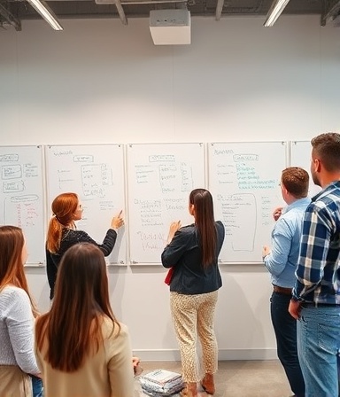 group of young professionals brainstorming, collaborative expression, developing media strategy, photorealistic, contemporary meeting room with whiteboards filled with notes, highly detailed, people standing and pointing at data, macro photography, neutral tones, overhead lighting, shot with a 24mm lens.