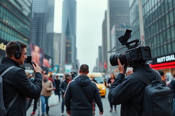 dynamic journalism channel, reporting, covering live events, photorealistic, bustling city center with skyscrapers, highly detailed, reporters and cameramen in action, bokeh effect, sharp, natural lighting, shot with a telephoto lens.