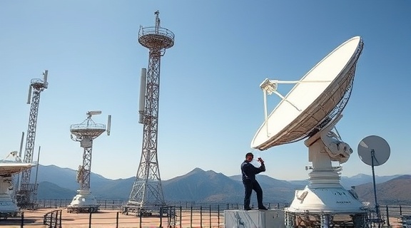 versatile communication channel, adaptable, transmitting signals, photorealistic, satellite station with towering antennas, highly detailed, engineers calibrating equipment, fine granularity, metallic silver, natural sunlight, shot with a zoom lens.
