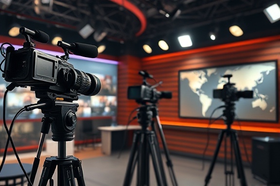 classic broadcast channels, serious, reporting, photorealistic, TV studio setting with cameras and microphones, highly detailed, with a dynamic newsroom atmosphere, 8k resolution, warm tones, spotlight lighting, shot with a zoom lens.
