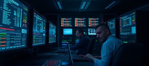 busy online channels, concentrated, coding, photorealistic, tech workspace with servers and monitors, highly detailed, with glowing screens, 6k resolution, dark blues and greens, dim lighting, shot with a telephoto lens.