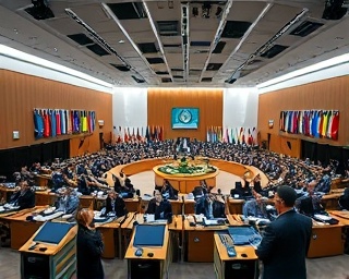 global broadcast channels, analytical, discussing, photorealistic, international conference center with flags and delegates, highly detailed, with translation booths, HD quality, neutral tones, overhead lighting, shot with a panoramic lens.