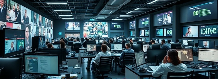 fast-paced online channels, energetic, publishing, photorealistic, bustling newsroom with editors, highly detailed, with digital interfaces, UHD, dynamic contrasts, fluorescent lighting, shot with a zoom lens.