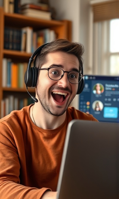 person with headset, excited expression, engaging in social engagement webinar, photorealistic, cozy home office with bookshelves in the background, highly detailed, interactive elements on a computer screen, high definition, warm colors, soft focused lighting, shot with an 85mm lens.
