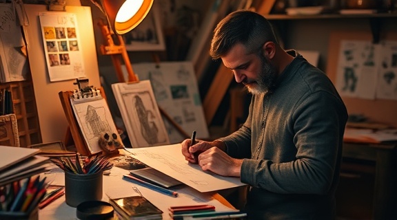 man sketching ideas, thoughtful expression, drafting a media strategy, photorealistic, messy creative studio filled with sketches and paintings, highly detailed, papers and colored pencils scattered around, cinematic depth, warm earthy tones, cozy lamplight, shot with a 70mm lens.