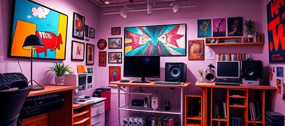 vibrant media channels, artistic, editing, photorealistic, creative studio with artwork and gadgets, highly detailed, with digital editing software, DSLR quality, colorful, studio lighting, shot with a 50mm lens.
