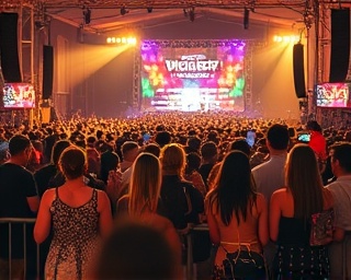 engaging social media channels, joyful, sharing, photorealistic, festival setting with diverse crowds, highly detailed, with cameras and mobile devices, 8k clarity, vibrant scene, festival lighting, shot with an action camera lens.