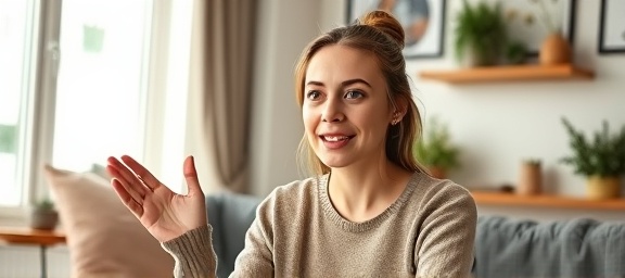 young woman on video call, engaging expression, discussing social media trends, photorealistic, comfortable living room setup with cozy decor, highly detailed, virtual meeting UI elements visible, finely detailed textures, natural skin tones, window light, shot with a 35mm lens.