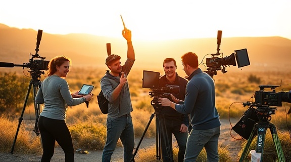 multitasking content creation team, energetic and cohesive, filming content, photorealistic, outdoor location with natural landscape, highly detailed, mix of equipment and props, dynamic angles, bright colors, golden hour lighting, shot with a 16mm lens.