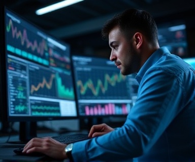 efficient content distribution specialist, analytical and focused, monitoring distribution metrics, photorealistic, high-tech workspace with multiple screens, highly detailed, digital graphs and charts, crisp contrasts, monochromatic colors, LED lighting, shot with a 70-200mm lens.