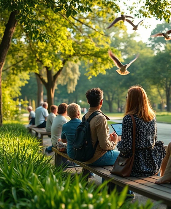 organic media evolution, inspiring, naturally progressing into a digital age, photorealistic, a serene park setting where people watch news on interactive devices integrated into nature, highly detailed, birds flying overhead adding to the serenity, ultra-high resolution, earthy and green hues, soft morning light, shot with a macro lens