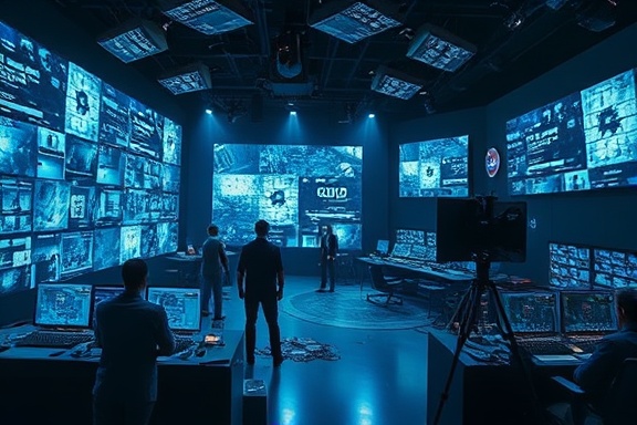 dynamic media disruption, intense, challenging traditional norms, photorealistic, a disrupted broadcast studio with digital interference patterns, highly detailed, technicians scrambling to restore order, high definition, cool blues and electric shades, stark lighting with shadows, shot with a wide-angle lens