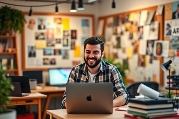 dynamic content creator, passionate and inspired, brainstorming ideas, photorealistic, bustling creative studio with mood boards and laptops, highly detailed, creative chaos, bokeh background, vibrant colors, soft lighting, shot with a 50mm lens.