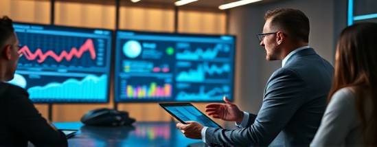 advanced SEO analytics expert, confident, presenting data visualizations to a group, photorealistic, modern conference room with screens and tablets, highly detailed, interactive charts and graphs, high resolution, vibrant colors, LED lighting, shot with a 35mm lens.