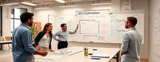 dynamic SEO optimization team, collaborative, brainstorming innovative solutions, photorealistic, open-plan office with whiteboards covered in ideas, highly detailed, energetic workspace, wide aperture, balanced contrast, warm interior lighting, shot with a wide-angle lens.