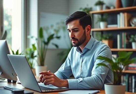 proficient SEO strategist, analytical, evaluating search engine performance, photorealistic, quiet home office with plants and bookshelves, highly detailed, dynamic graphs and figures, crisp resolution, cool palette, diffused lighting, shot with a 105mm lens.